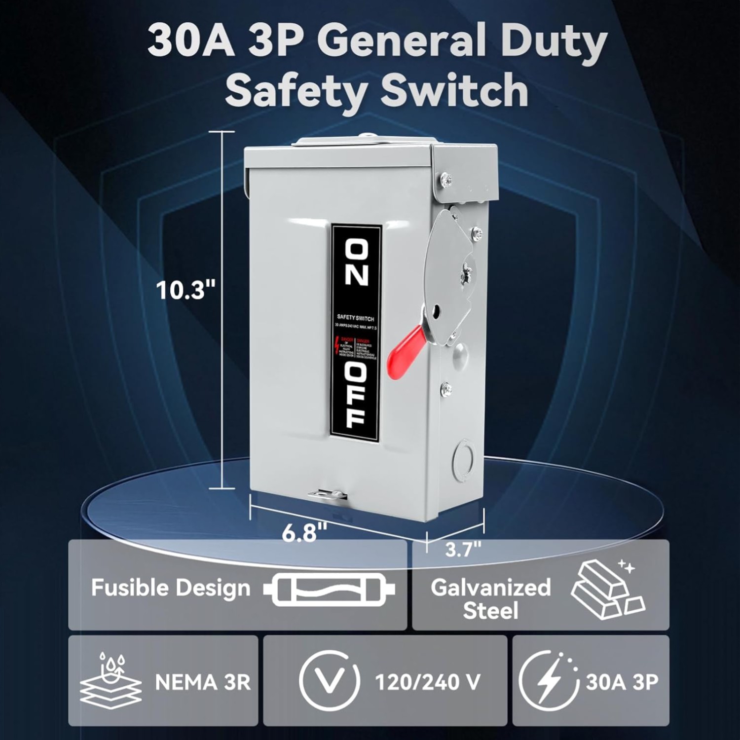 3P 30 Amp Fused Disconnect, 3 Phase Disconnect, 110/240V, Heavy Duty Metal St...
