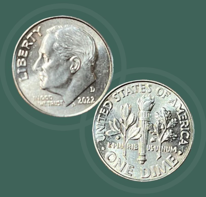 2022 Roosevelt Dime with Errors, AU Quality, Doubling "In God We Trust" and Date