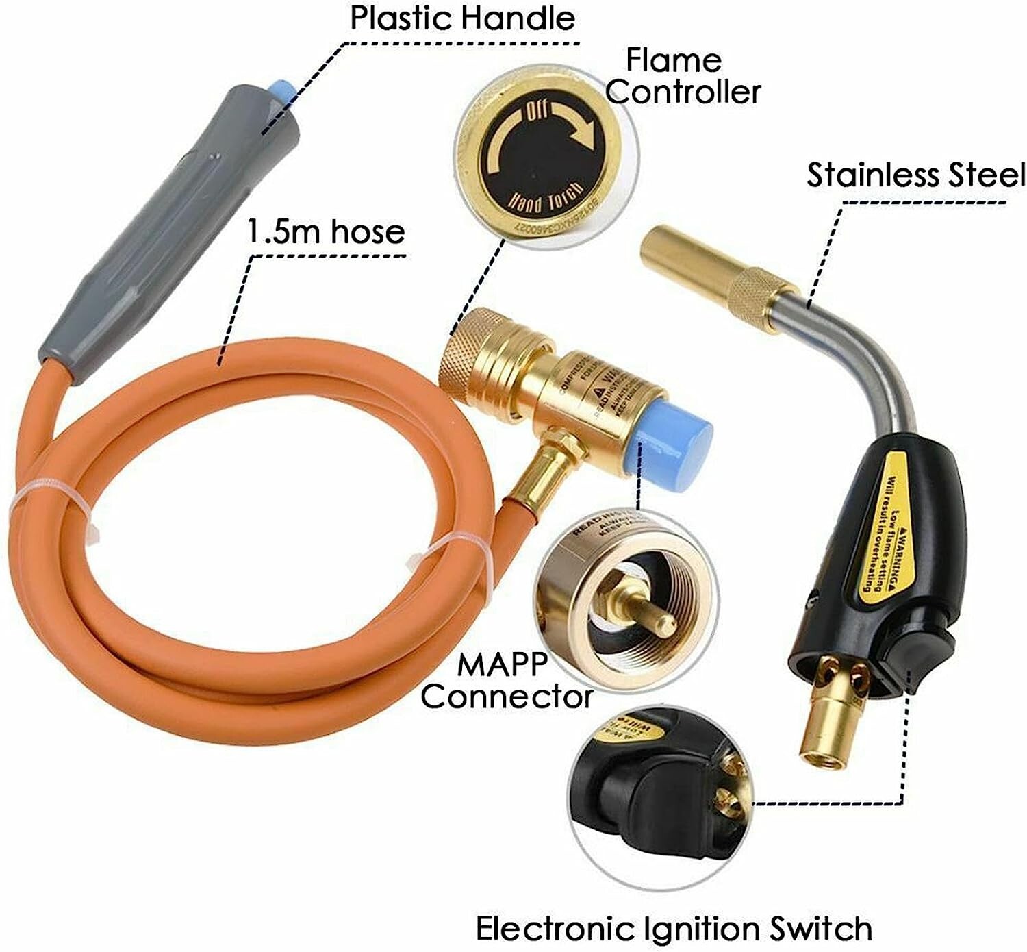 Pro Mapp Propane Torch Stainless Steel Head Adjustable Gas Welding Torch 5' hose