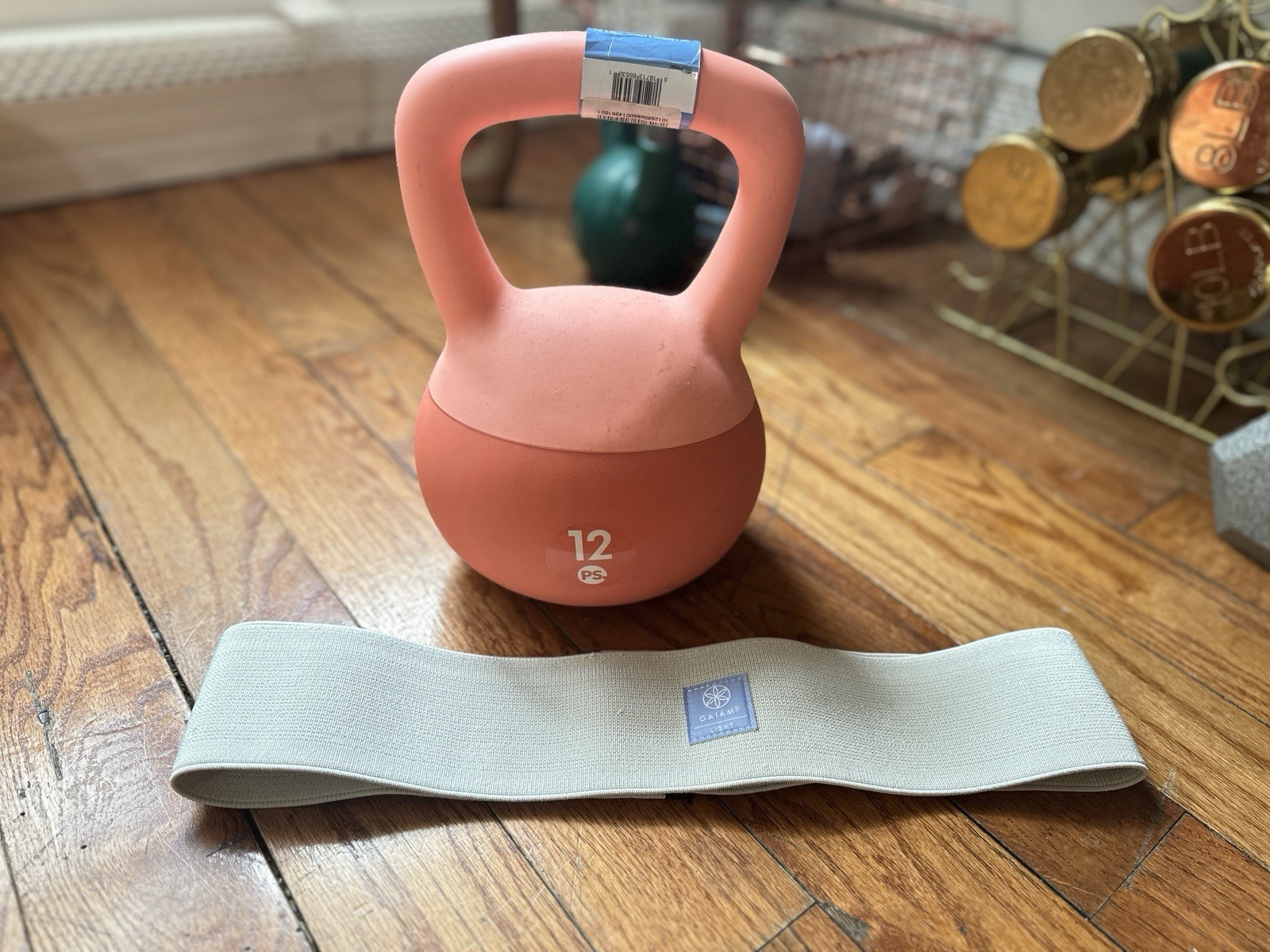 12 Lb Flat Bottom Kettlebell Popsugar Coral Pink And Gaiam  Resistance Band Grey