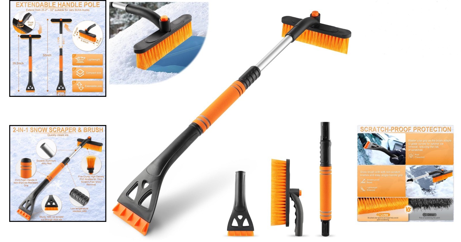 32" Extendable Ice Scraper & Snow Brush - 360° Rotating for Ultimate Convenience
