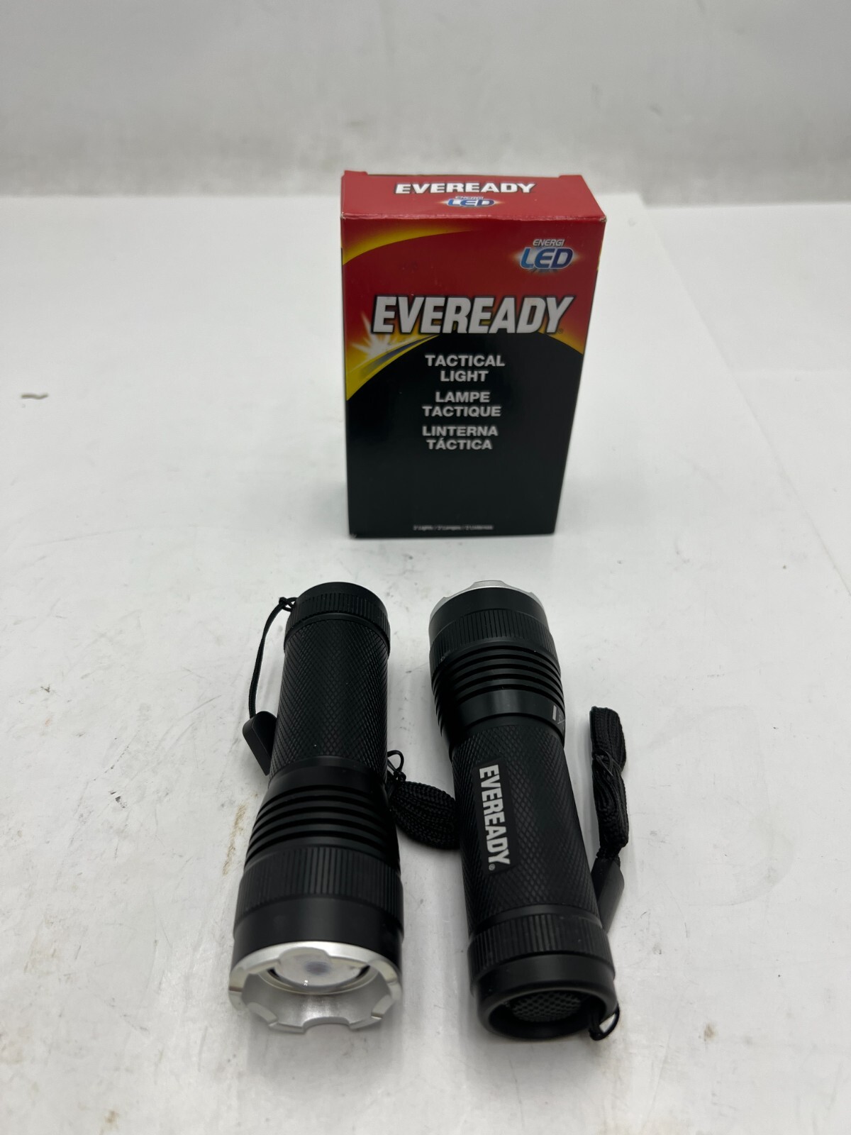 (QTY 4) Eveready Energi LED Tactical Lights w/Lanyard, Black, Up to 270 Lumens