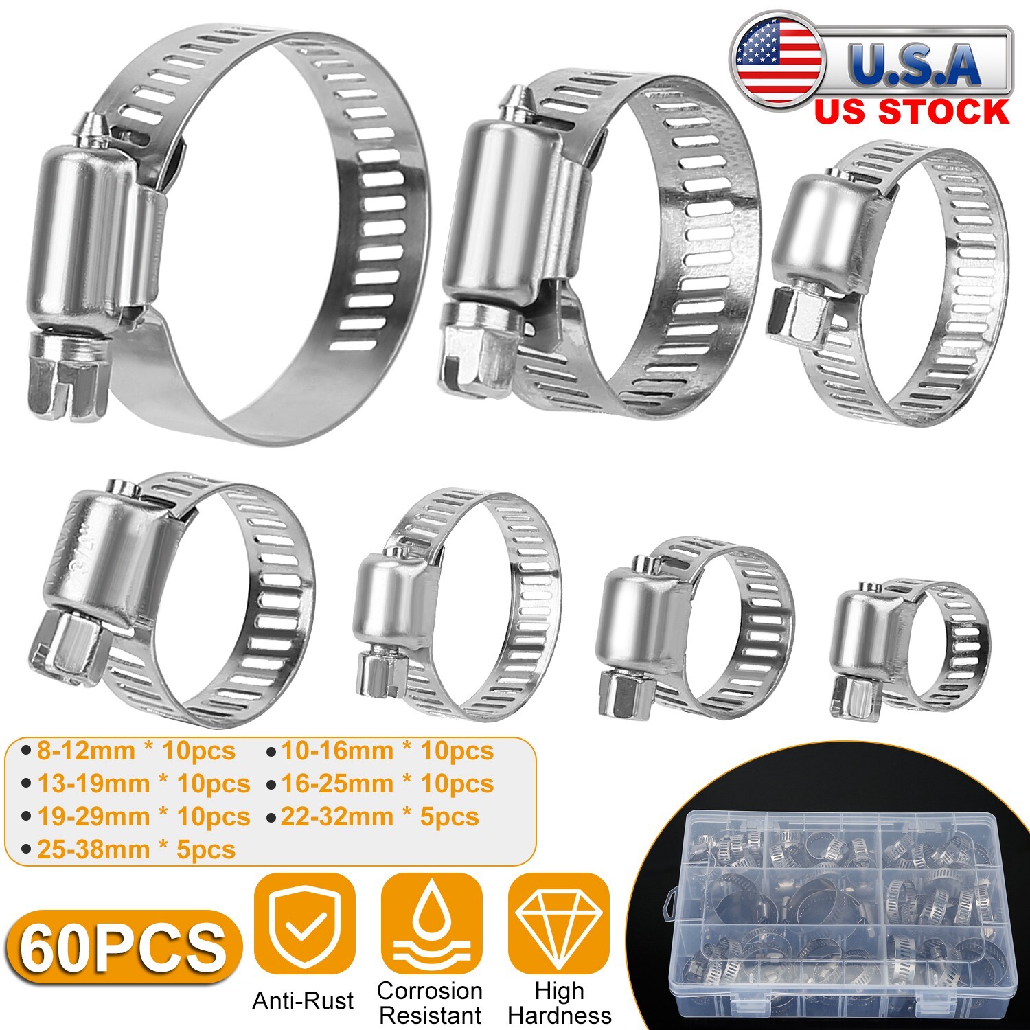 60x Adjustable Hose Clamps Worm Gear Stainless Steel Clamp Assortment 6-38mm New