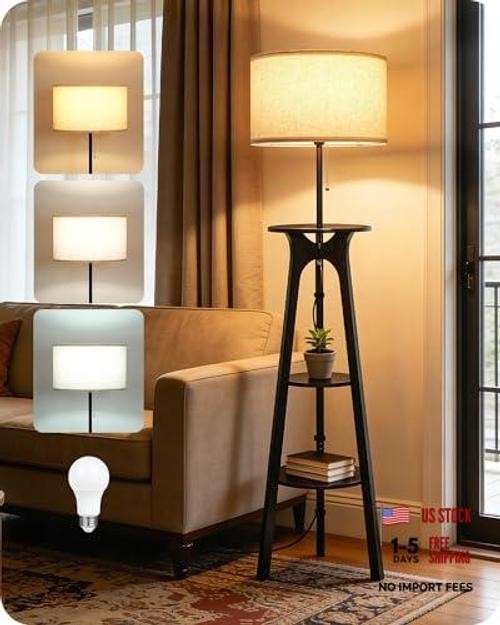 Large Linen Beige + Black Wood Tripod Shelf Floor Lamps - 3 Tiers