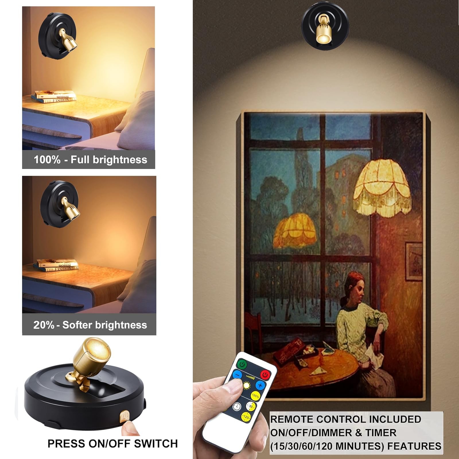 2 Pack Wireless LED Spotlight Battery Powered Picture Lights with Remote Control