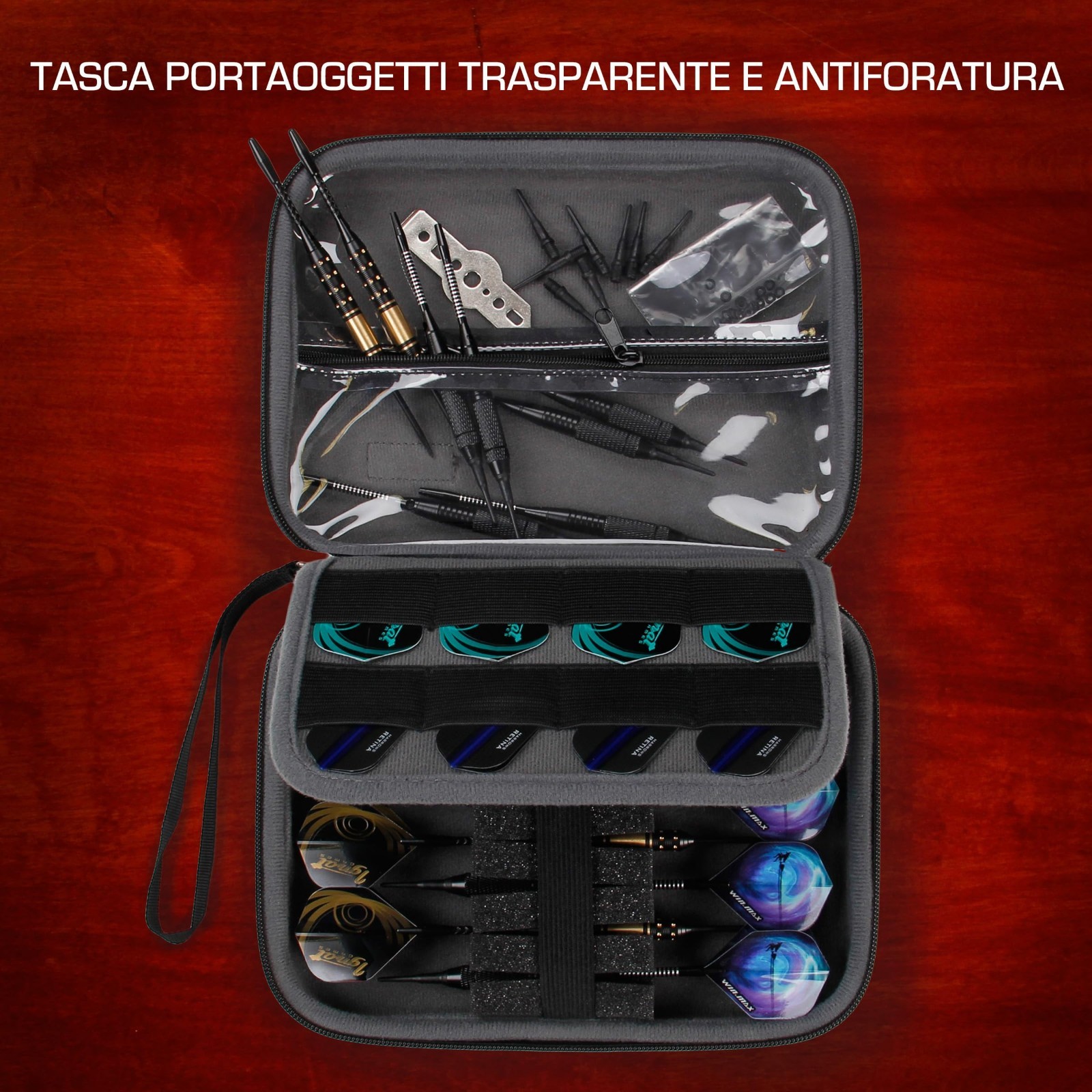 Hard Shell Dart Case - Protective Storage for 8 Darts, Tips, Flights & Accessori
