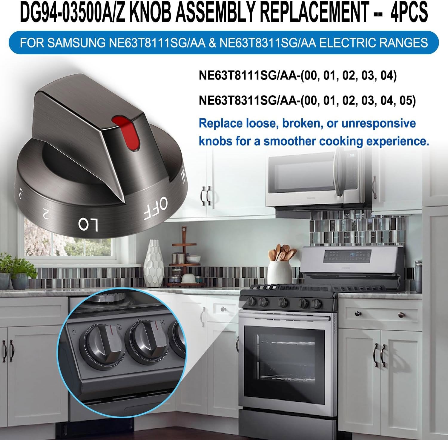 4Pcs Stove Knobs DG94-03500A/Z for Samsung Electric Range Oven NE63T8111SG/AA