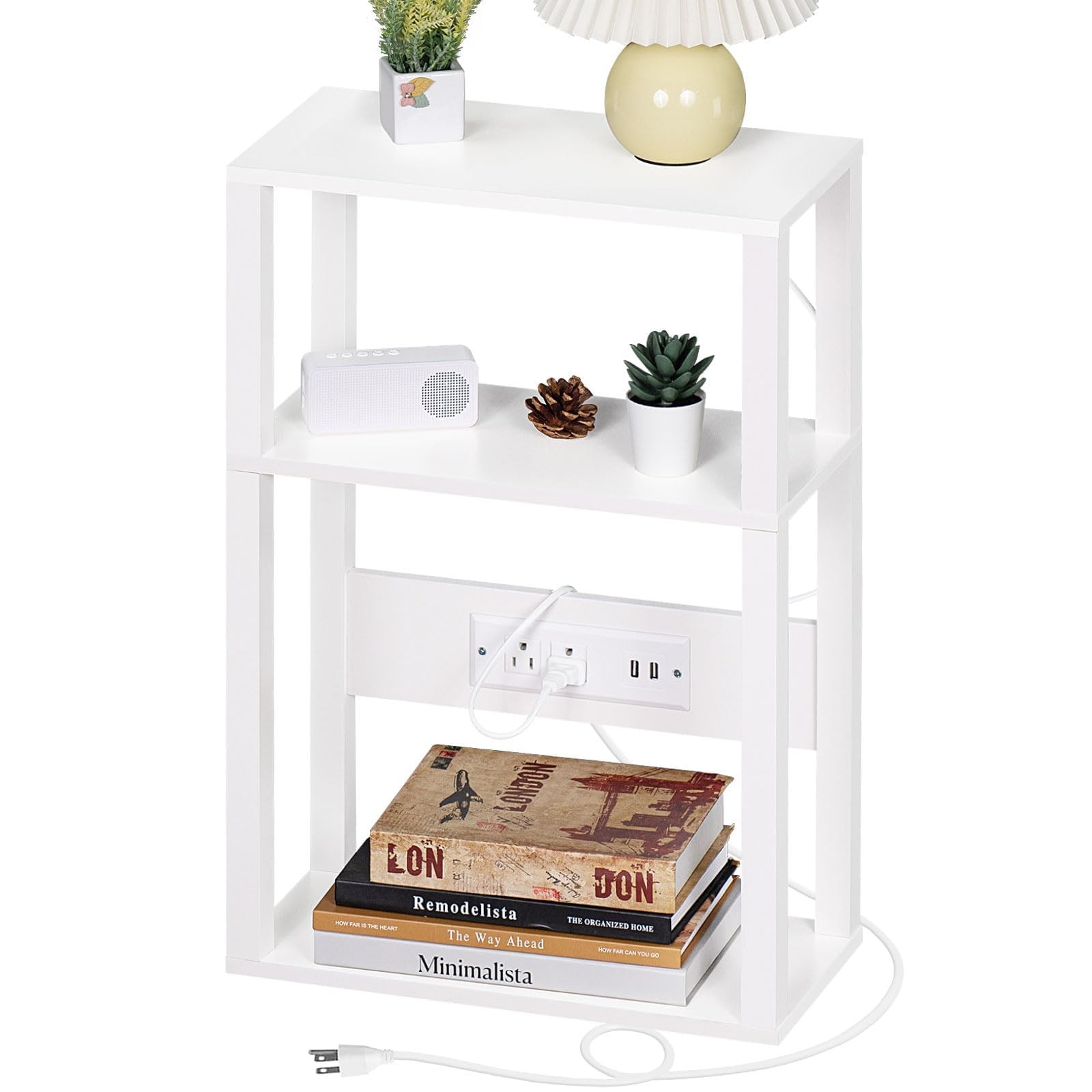 YUFAM 3-Tier Small Narrow Wood Side Table with Charging 1 Pack, White