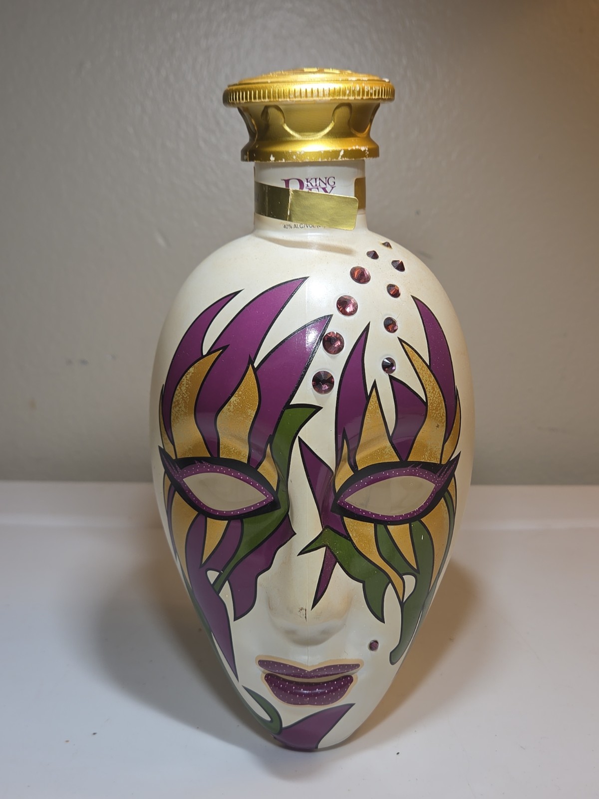 EMPTY KING REX VODKA BOTTLE MADRI GRAS FACE BOTTLE 8" TALL WITH LID