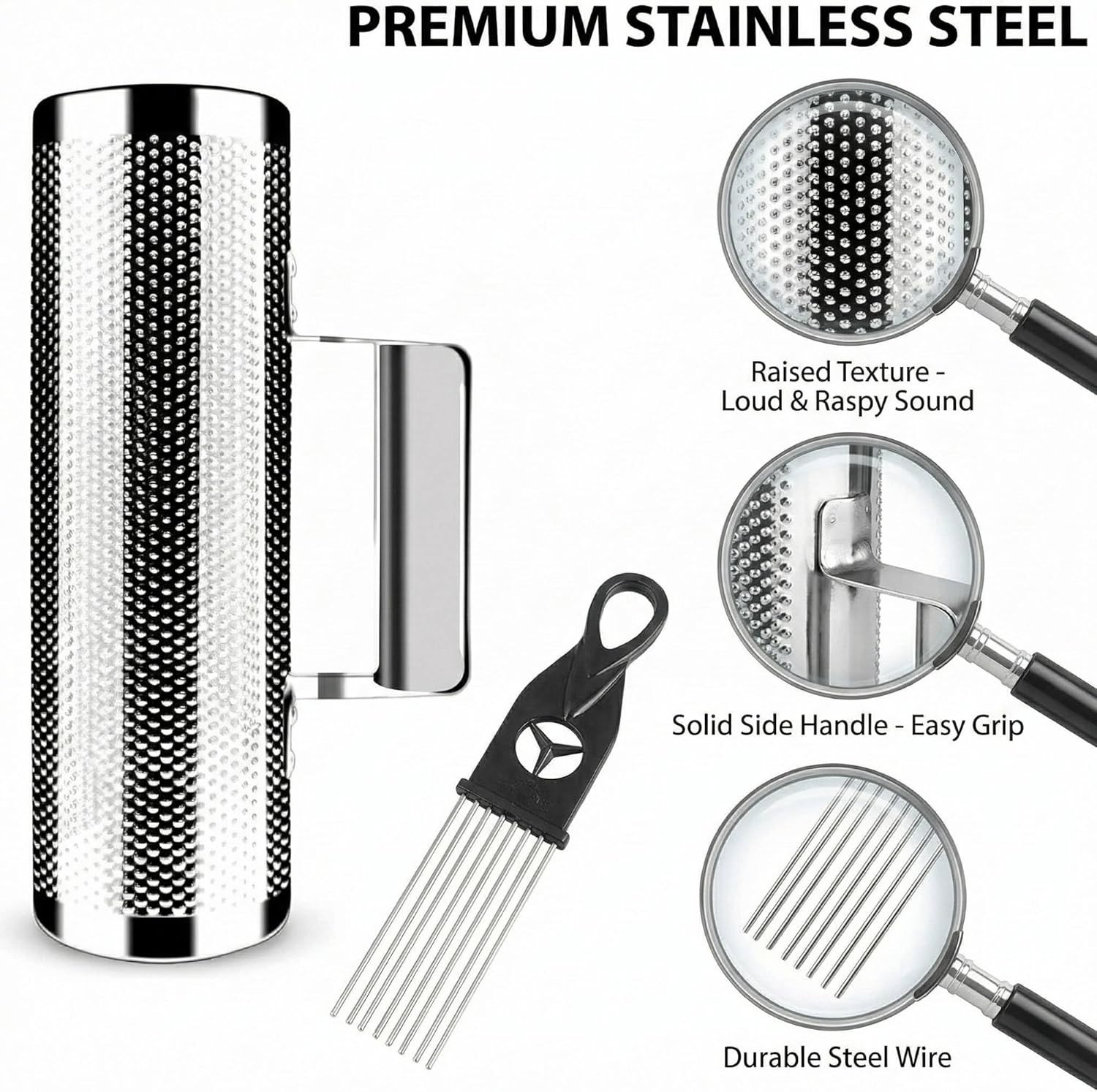 Professional Metal Guiro Instrument, 8" X 3" Stainless Steel Latin Percussion wi