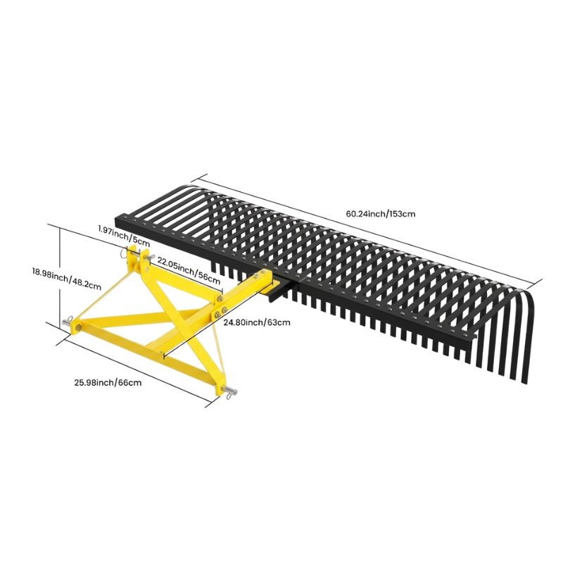 3-Point 60" Landscape Rock Rake For Cat 1 Tractor Attachment Soil Gravel Lawn