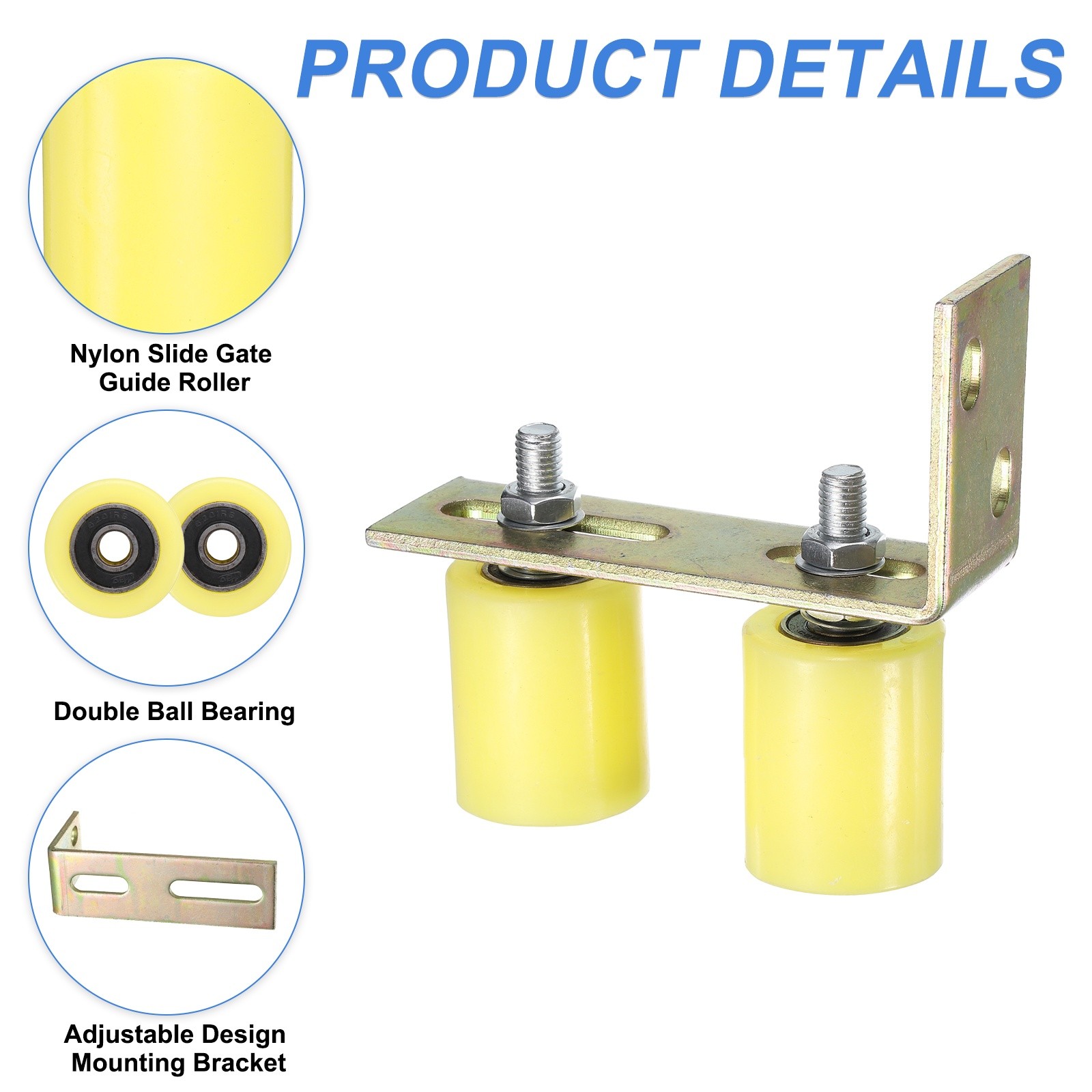 1Set Slide Gate Guide Roller, 2"x2-3/8" Nylon Gate Support & Bracket, Yellow