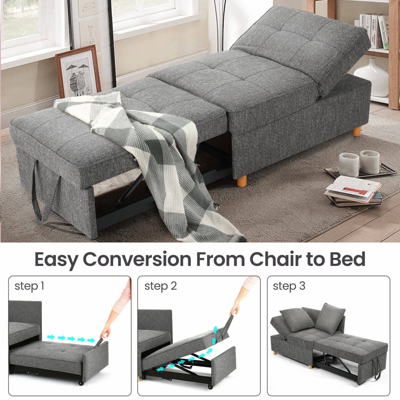 Folding Ottoman Sofa Bed Chair 4-in-1 Sleeper Sofa Adjustable Backrest+2 Pillows