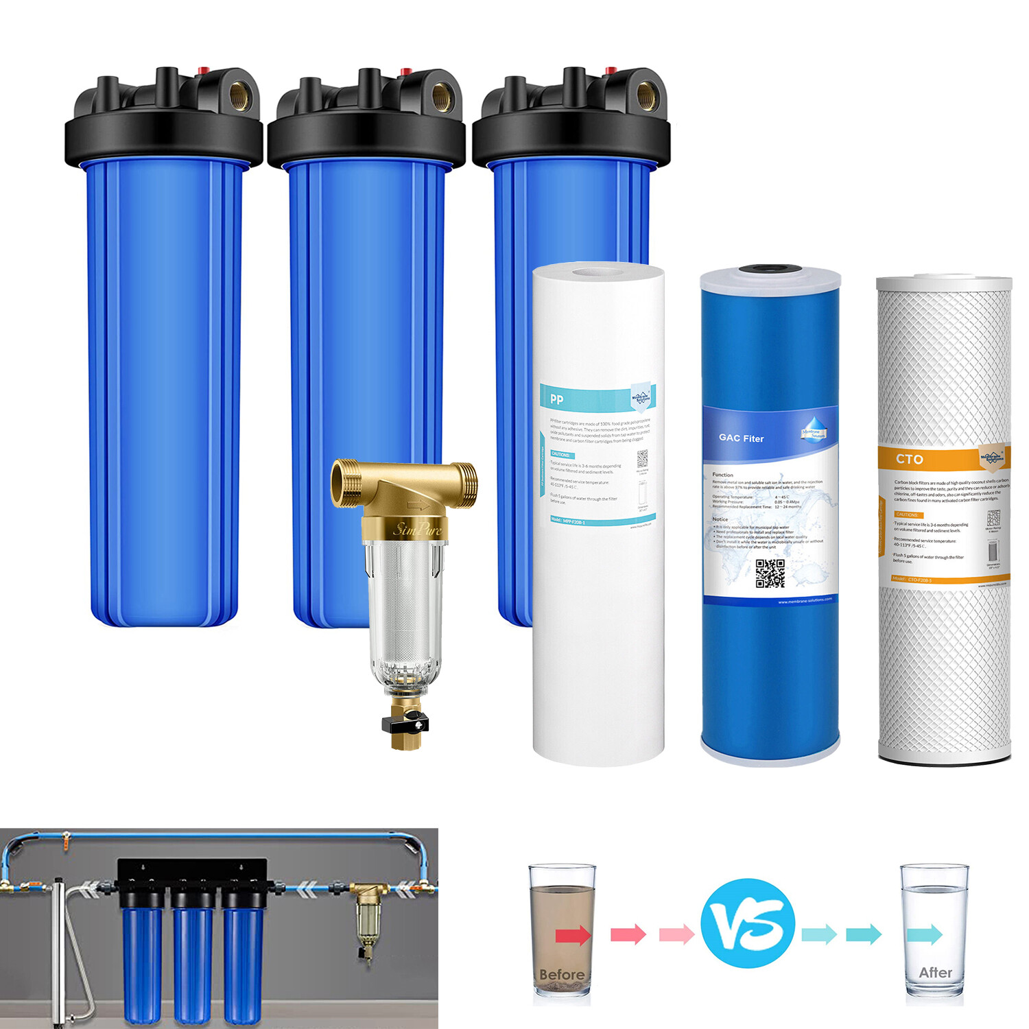 20 Inch Big Blue Whole House Water Filter Housing Sediment CTO Carbon Cartridges
