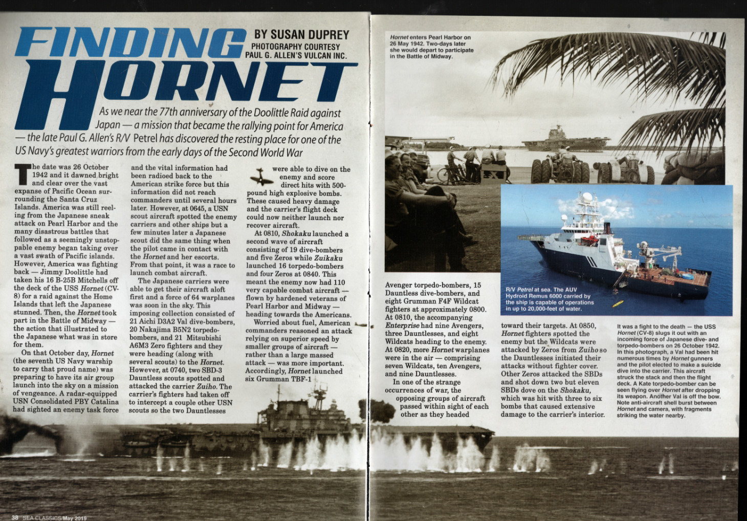 Finding Hornet (Navy Warship): 15 page 2019 print article w/pics