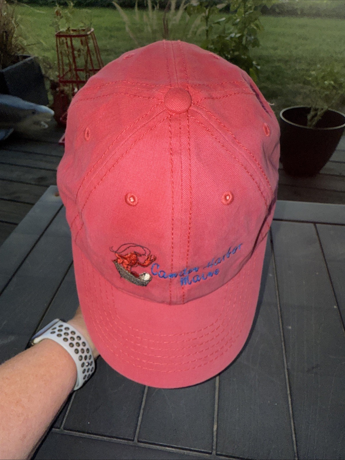 Camden Harbor Maine Pink Hat Cap Red Lobster in Boat Blue Letters CottonHookLoop