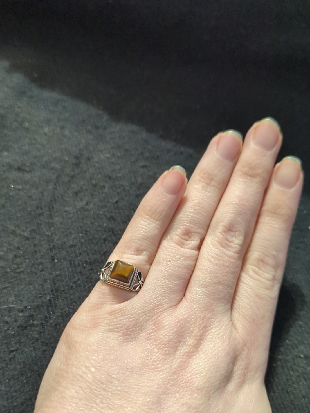 Silver Plated Brown Tiger's Eye Gemstone Dainty Delicate Statement Ring - Size 4