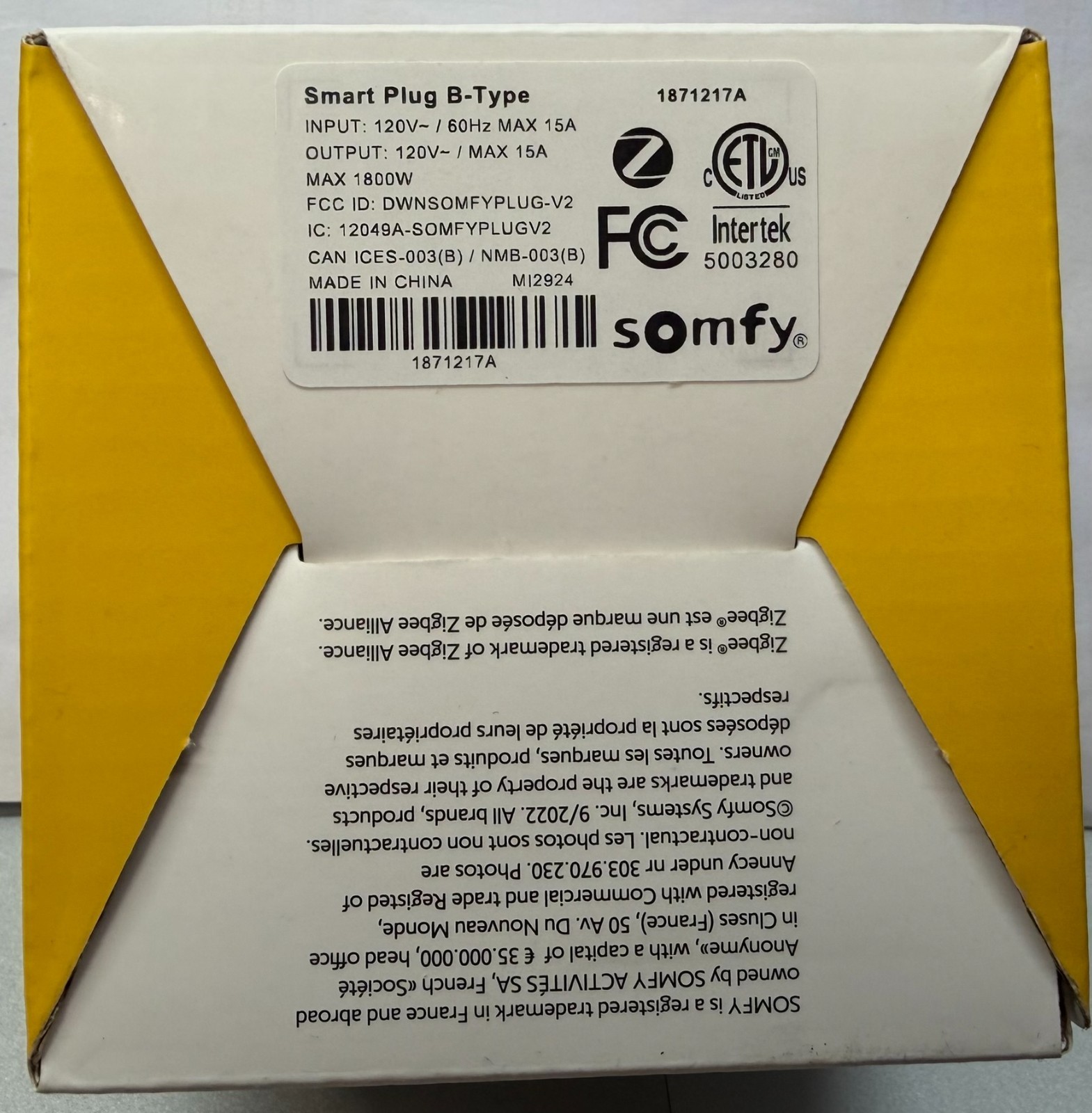 Somfy Smart Plug B-Type Zigbee - NEW In BOX! 1871217A