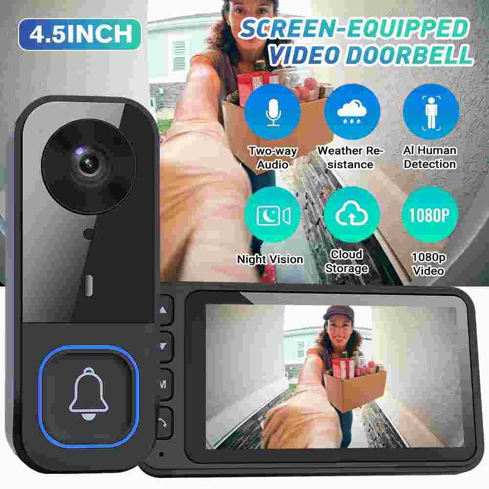 Wireless Video Door Bell with 4.5‘’ Screen | No Wiring No Network Night Vision