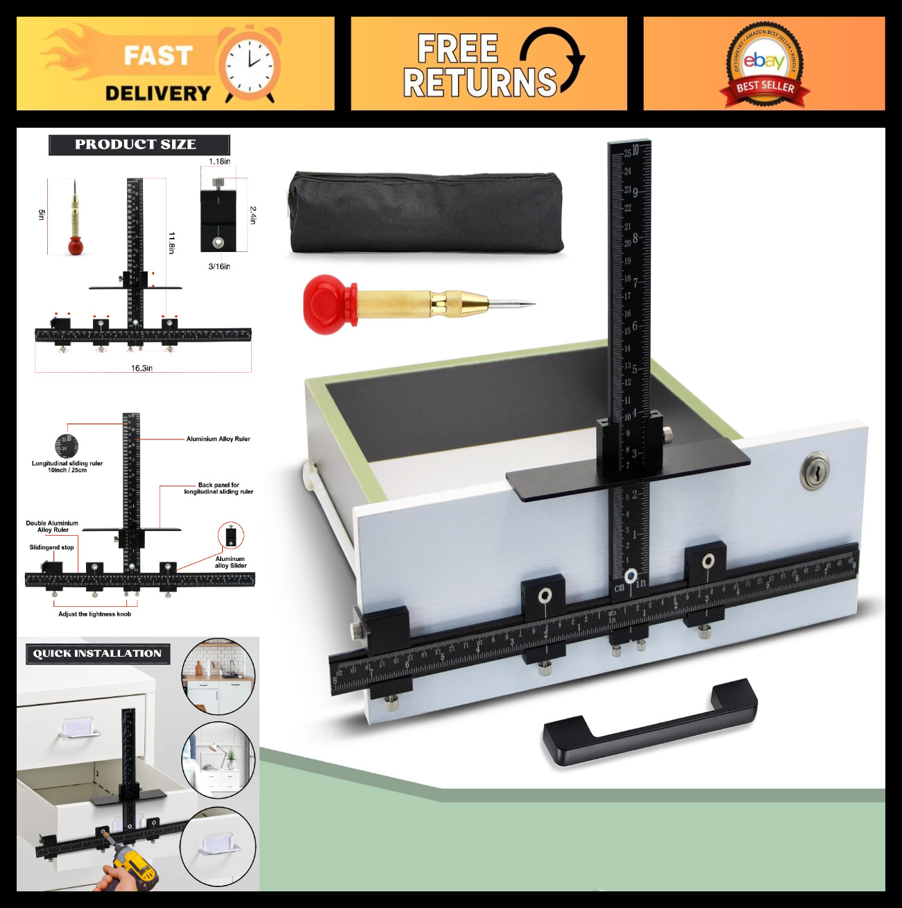 Aluminum Cabinet Hardware Jig Tool for Fast Accurate Handle Installation - Black