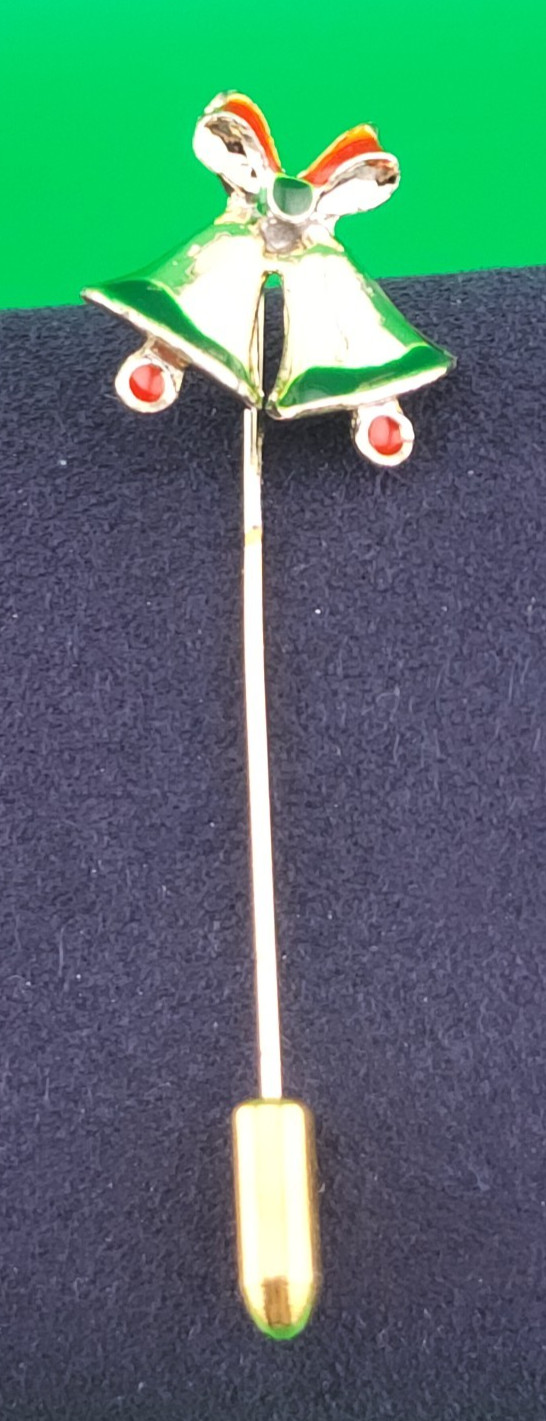 Christmas Bells With Ribbon Gold Tone Stick Pin