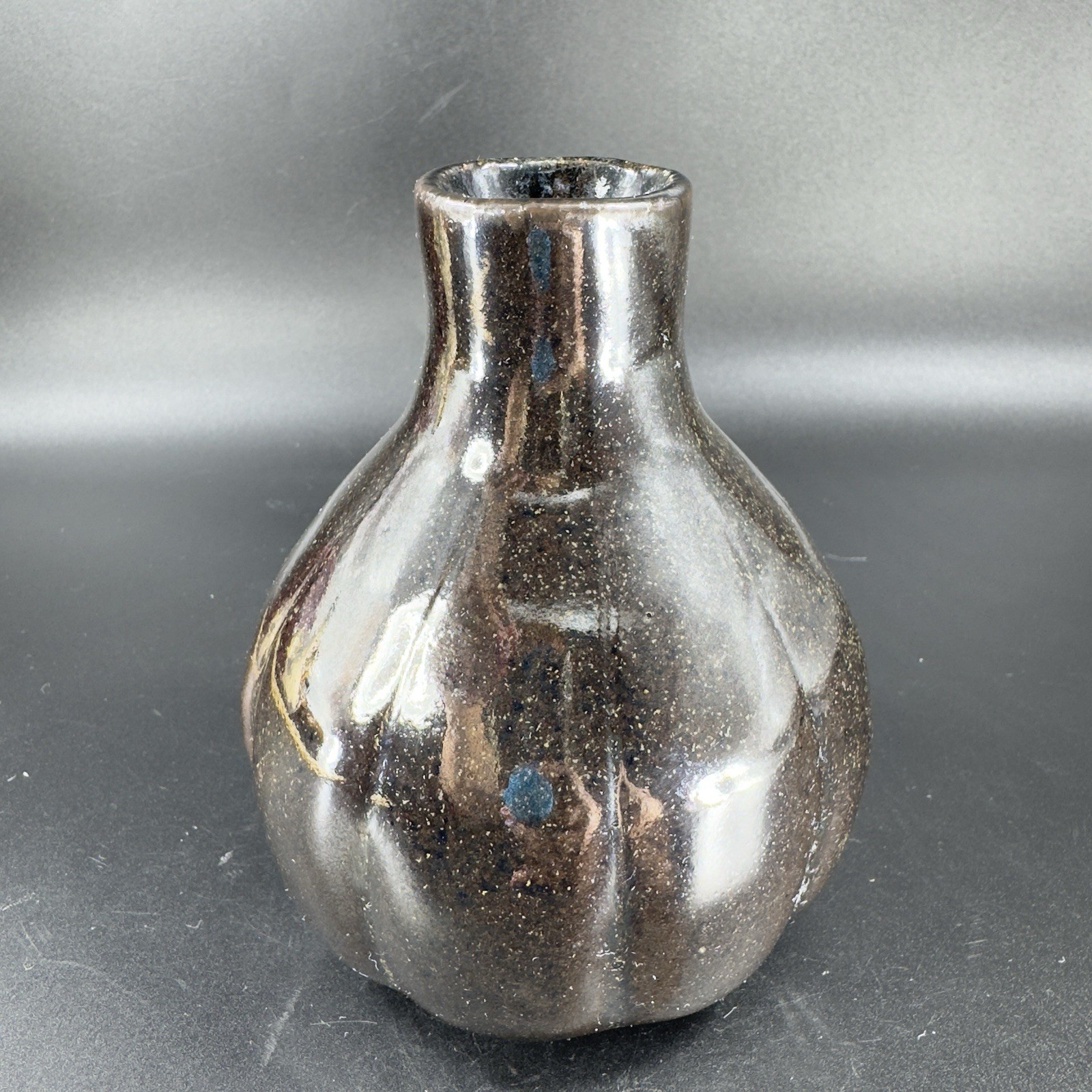 1980s Vintage Stoneware Pottery Vase Bottle Artist Signed Deep Brown Black Glaze