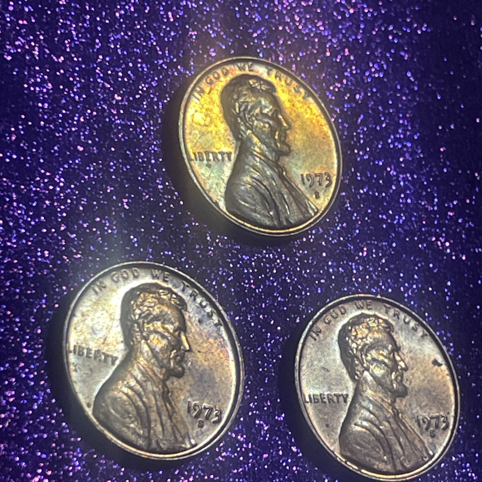 1973 S Lincoln Cents, Natural Rainbow Toned Bu,green Patina