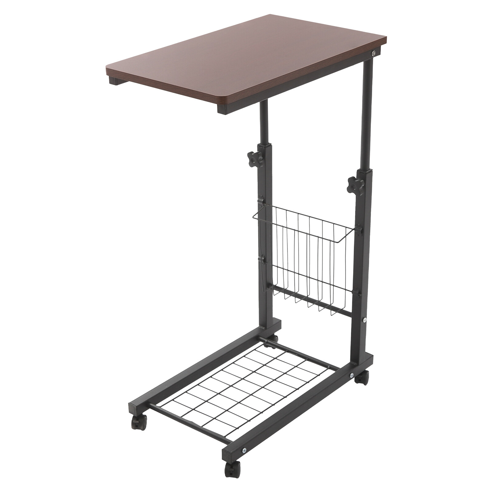 2 Tiers Red Walnut Color Mobile Standalone Adjustable Bed Side Table w/ Wheels