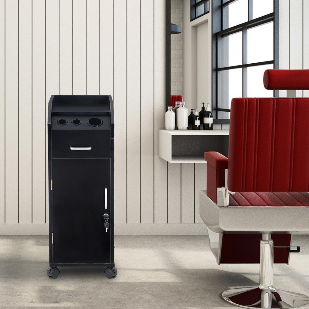 Black Salon Trolley Rolling Cart Beauty Drawer Lockable Cabinet w/4Wheel 4Holder