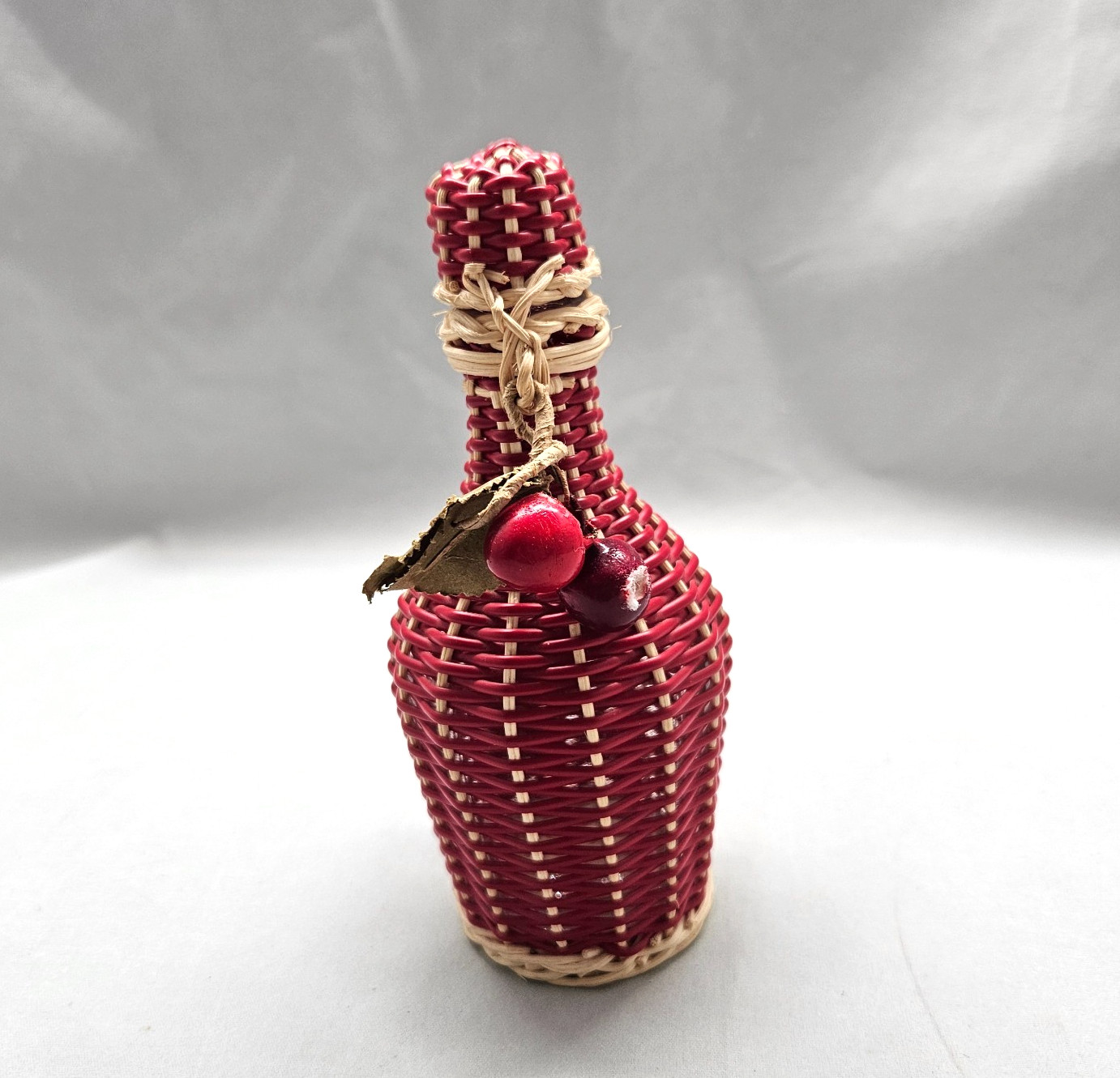 Vintage Empty Red Wicker Wraped Cherry Brandy Glass Bottle Blackforest Germany