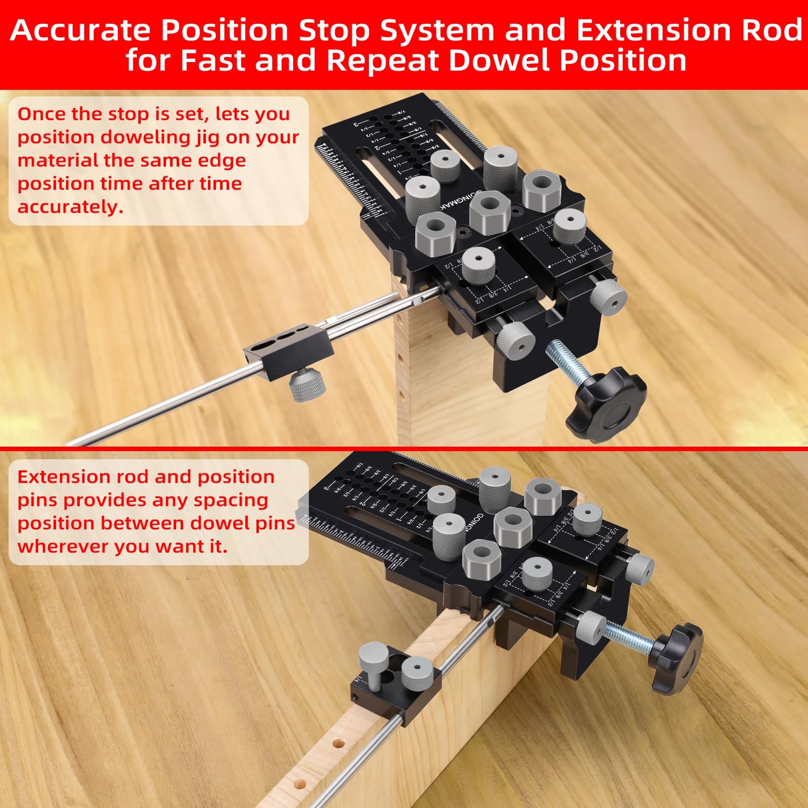 GOINGMAKE Dowel Jig Kit with Quick Positive Stop and Clamp, Adjustable Doweli...