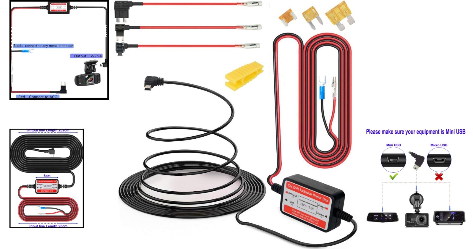 Easy-Install Mini USB Dash Cam Hardwire Kit - 10ft for Effortless Power Supply