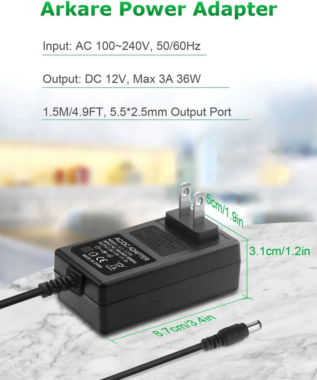 12V 3A Power Supply Adapter 36W Ac/Dc Charger AC 100V-240V to DC 12Volt 3Amp Pow