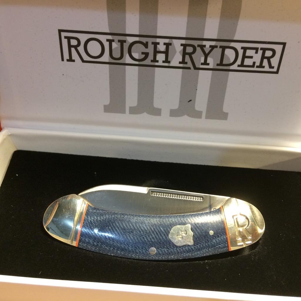 Rough Ryder Faded Blue Jeans Denim Micarta Bow Canoe 3 5/8" Pocket Knife RR2374