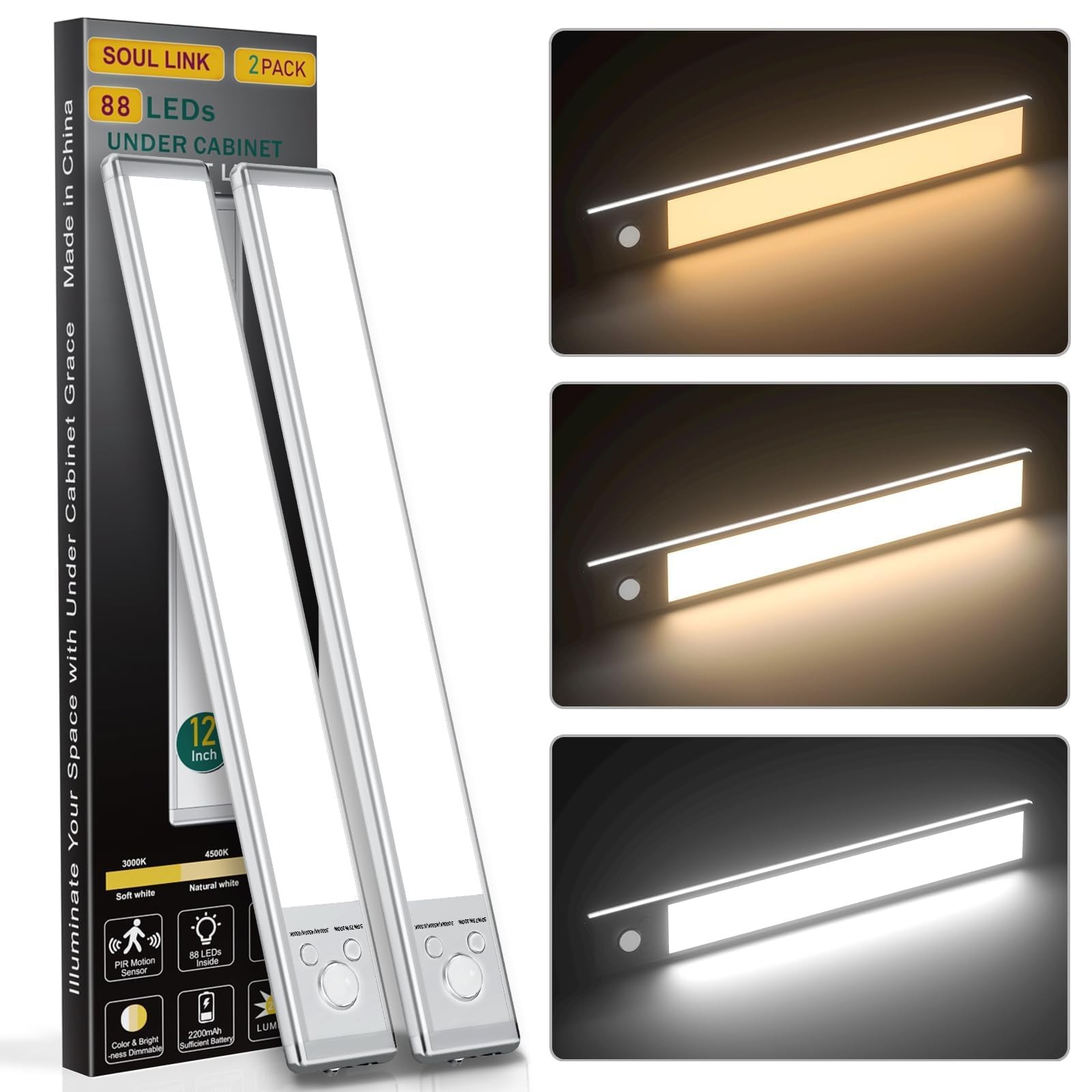 12" Under Cabinet Lights,88 LED Operated Motion Sensor Light Indoor,2200mAh U...