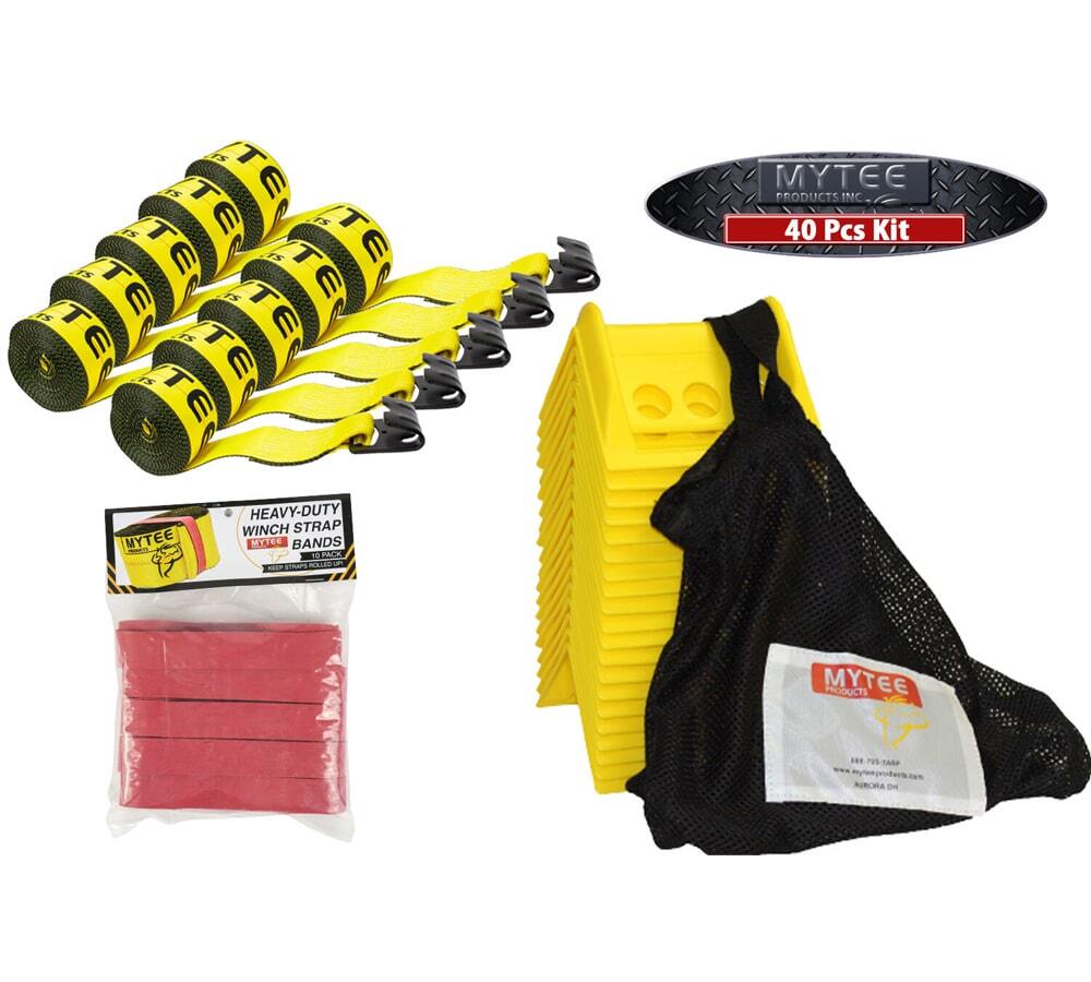 Flatbed Tie Down Kit - 40 Pieces 4"x30' Winch Straps, 4" Corner Protector Yel...