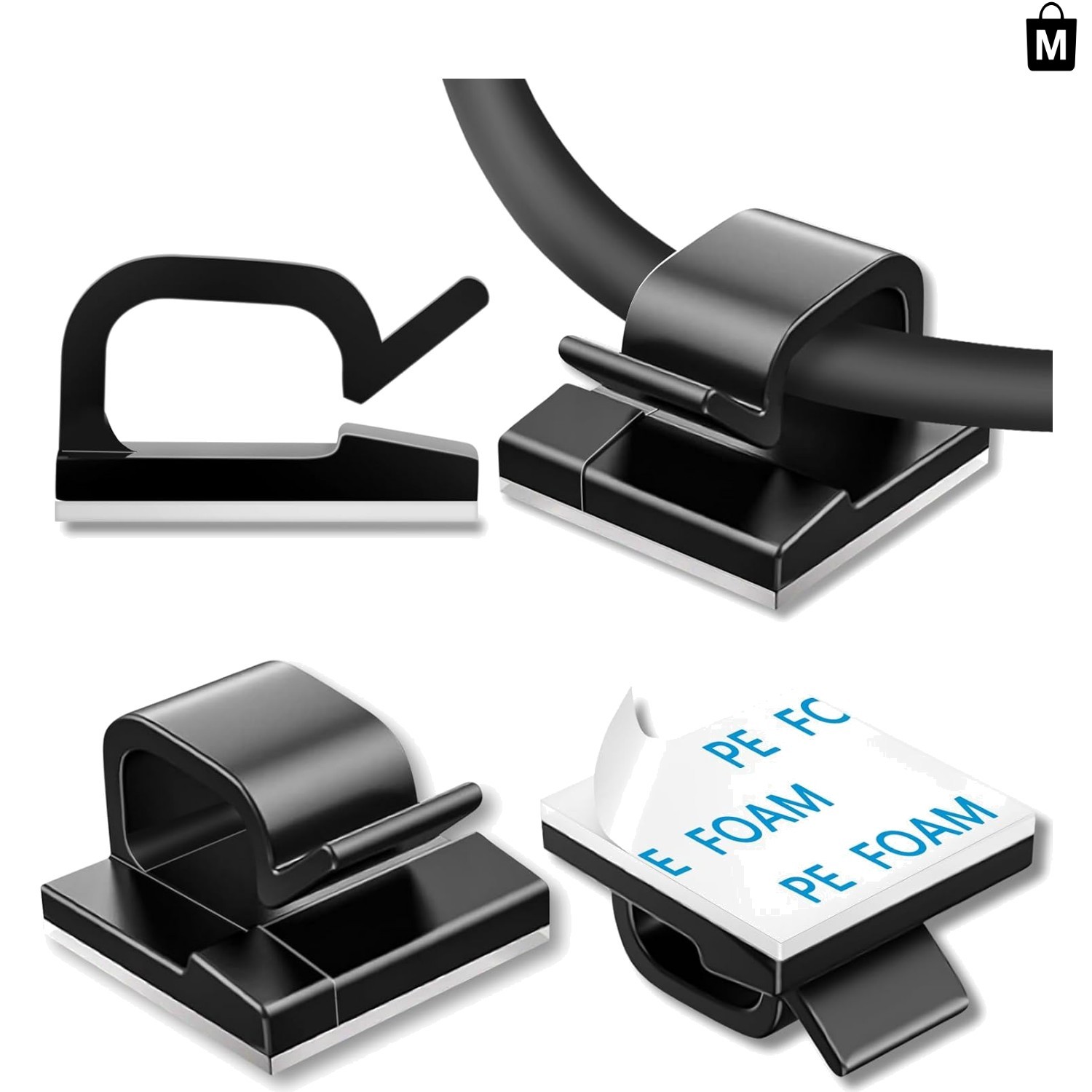 100  Self-Adhesive Cable Holders, Ideal for Home & Office Organization