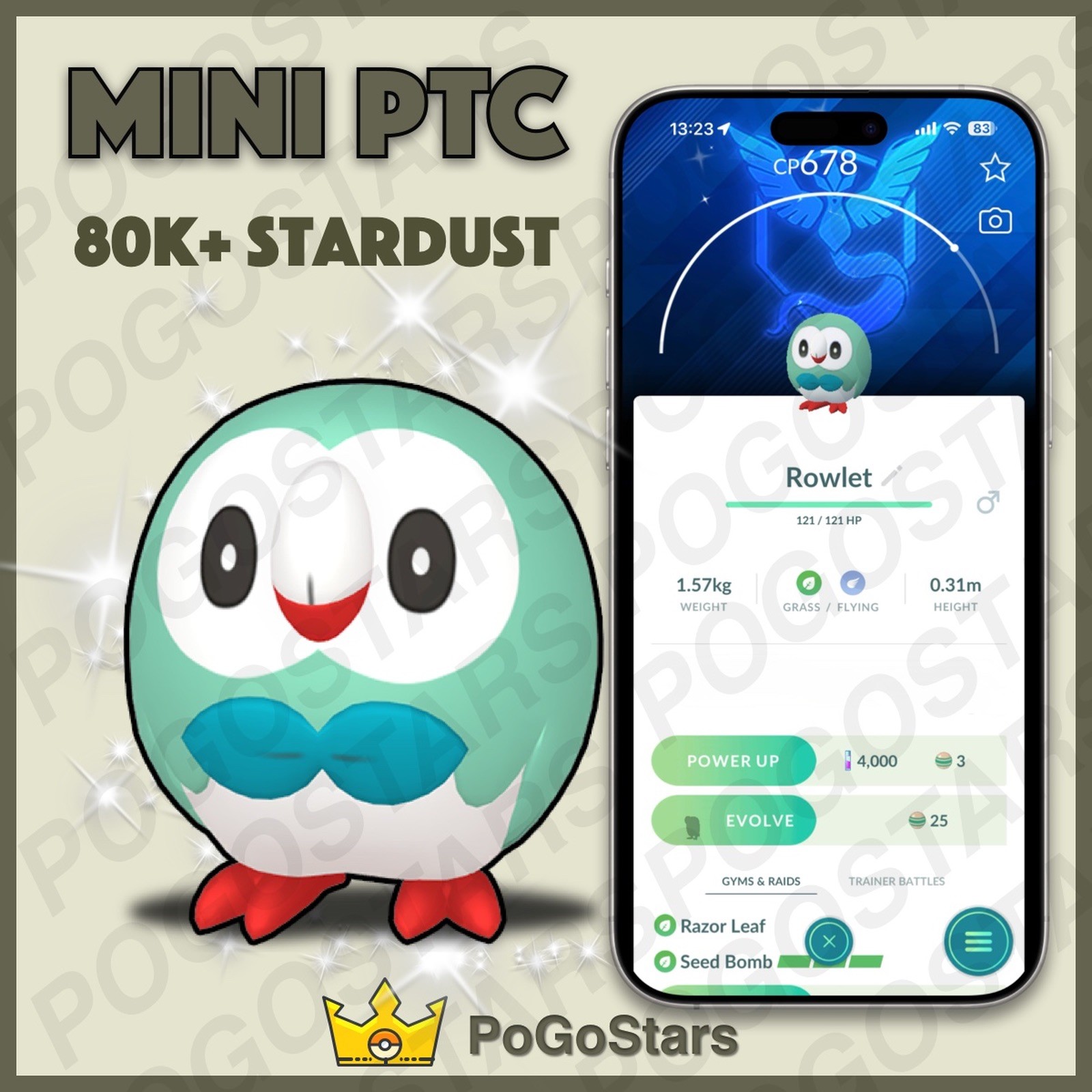 Pokémon PTC Go - Shiny Rowlet - Team Mystic✨Special Background✨
