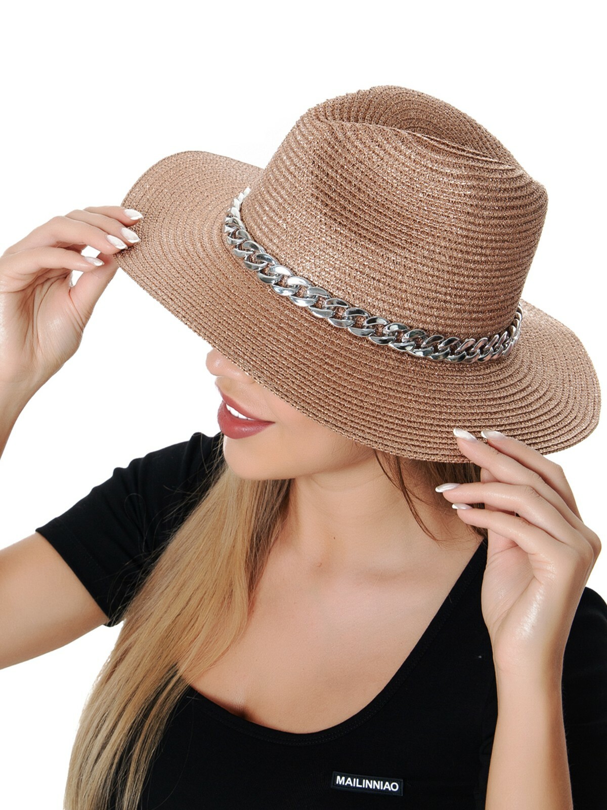 Women's Shimmering Shiny Fedora Hat Teardrop Crown Straw Sun Beach with Chain