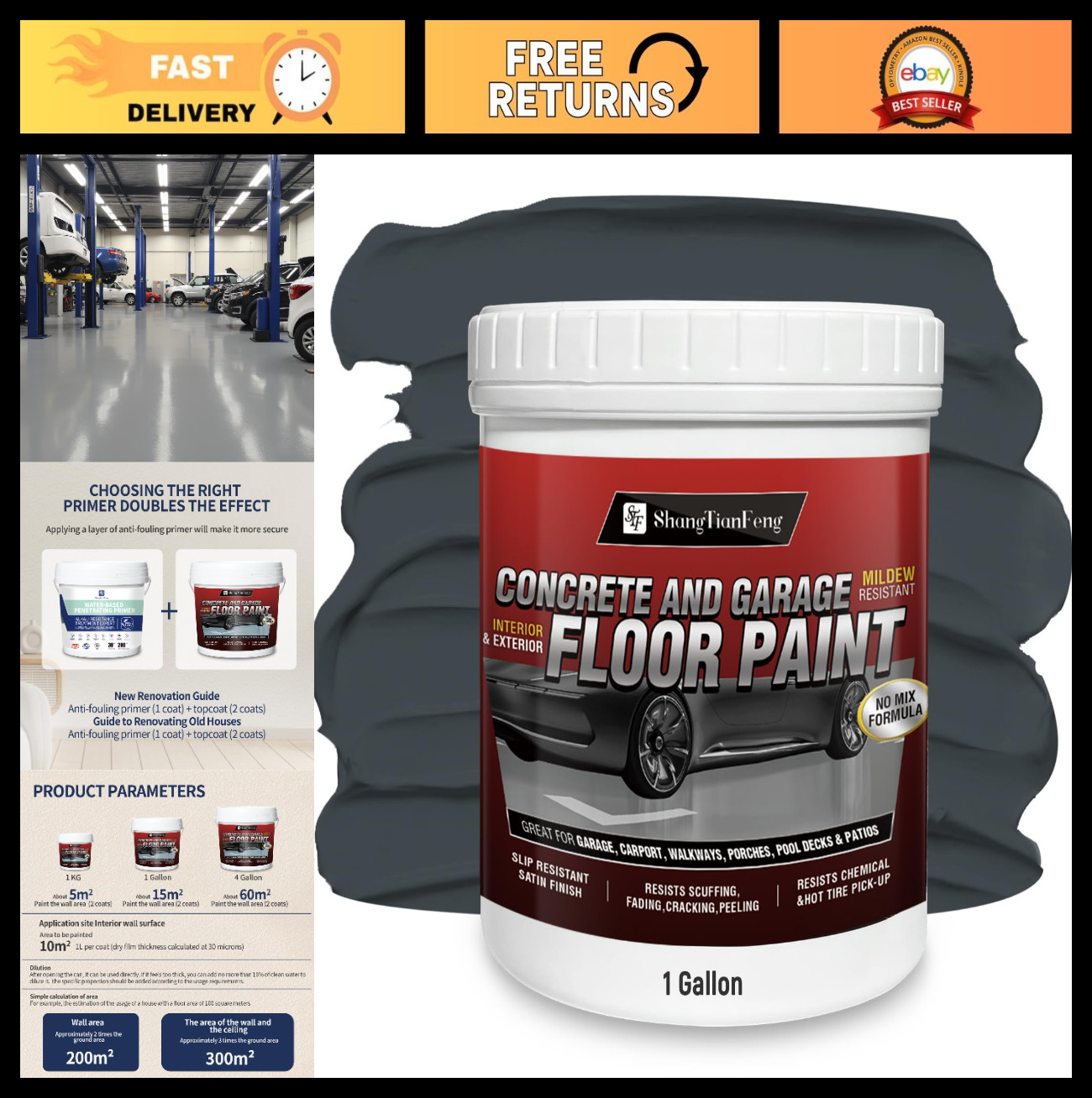 1 Gallon Dark Gray Floor Paint Kit - Acrylic Concrete Coating for Garages & Base