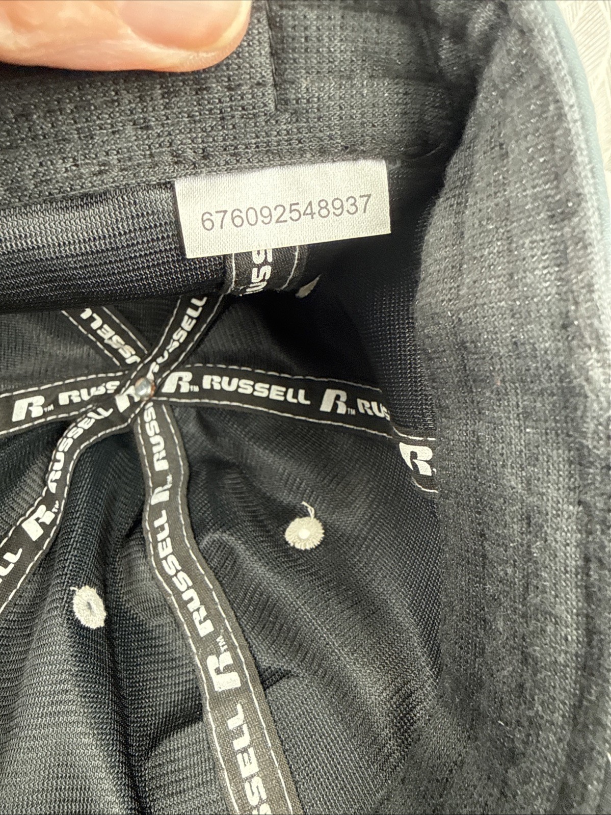 Russell R White Shiny on Gray Blue Hat Cap S/M Hook Loop NWT