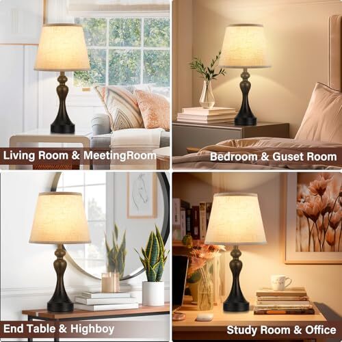 Bedroom Lamps Set of 2 - Bedside Lamps with USB A+C C. Beige Shade & Black Base
