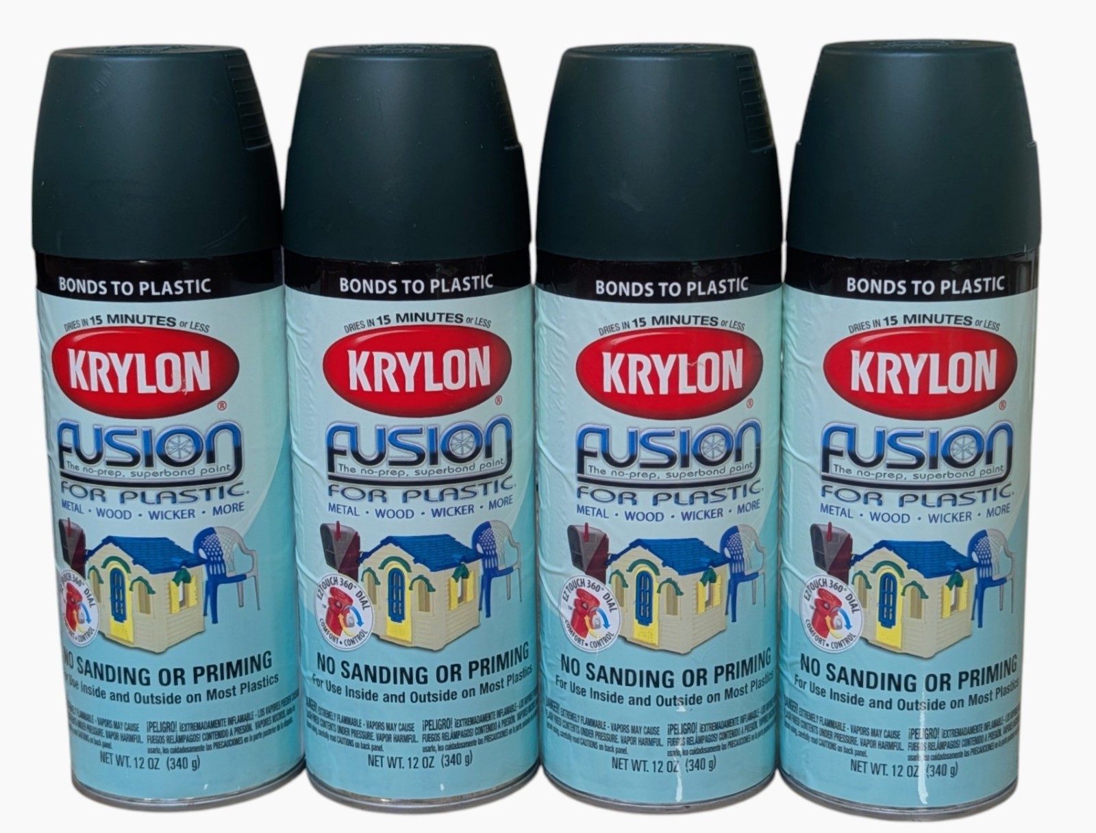 4 - Krylon Fusion For Plastic 2424 Satin Hunter Green Spray Paint - 12 oz Each