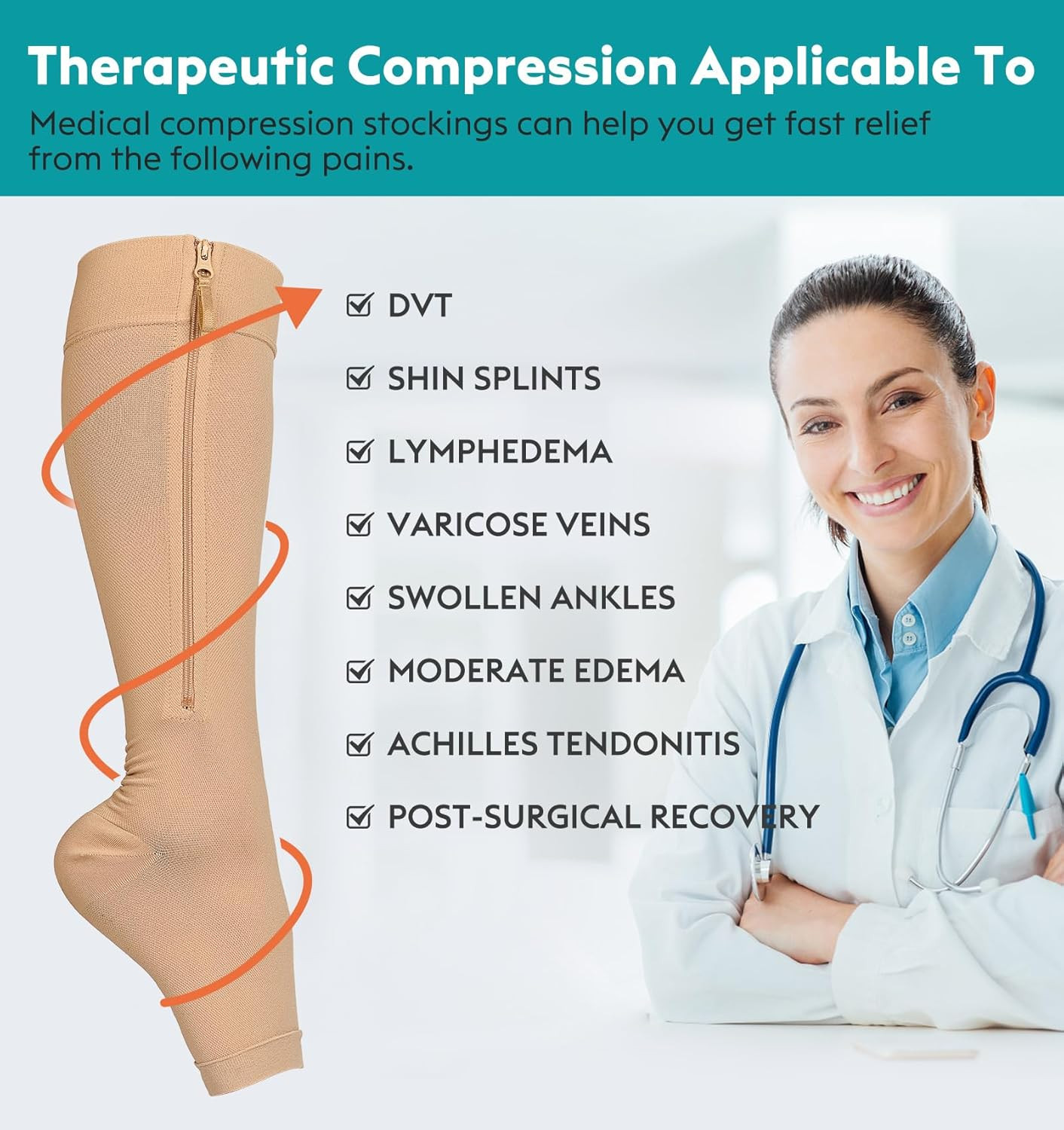 Copper Compression Socks for Varicose Veins & Lymphedema, Zipper Compression Soc