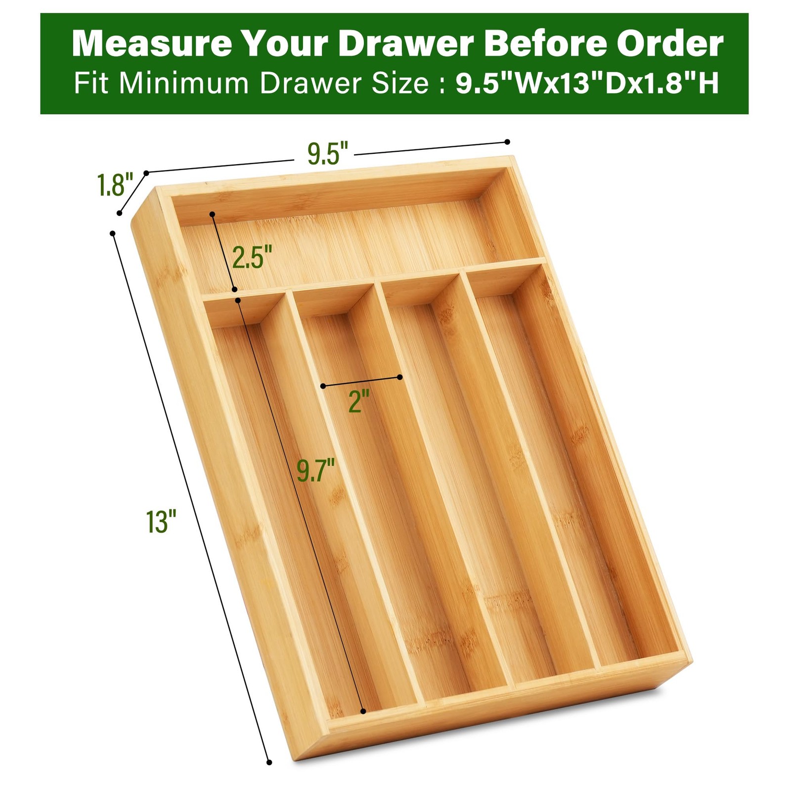 LotFancy Bamboo Kitchen Drawer Organizer, 9.5 Inch Silverware Light