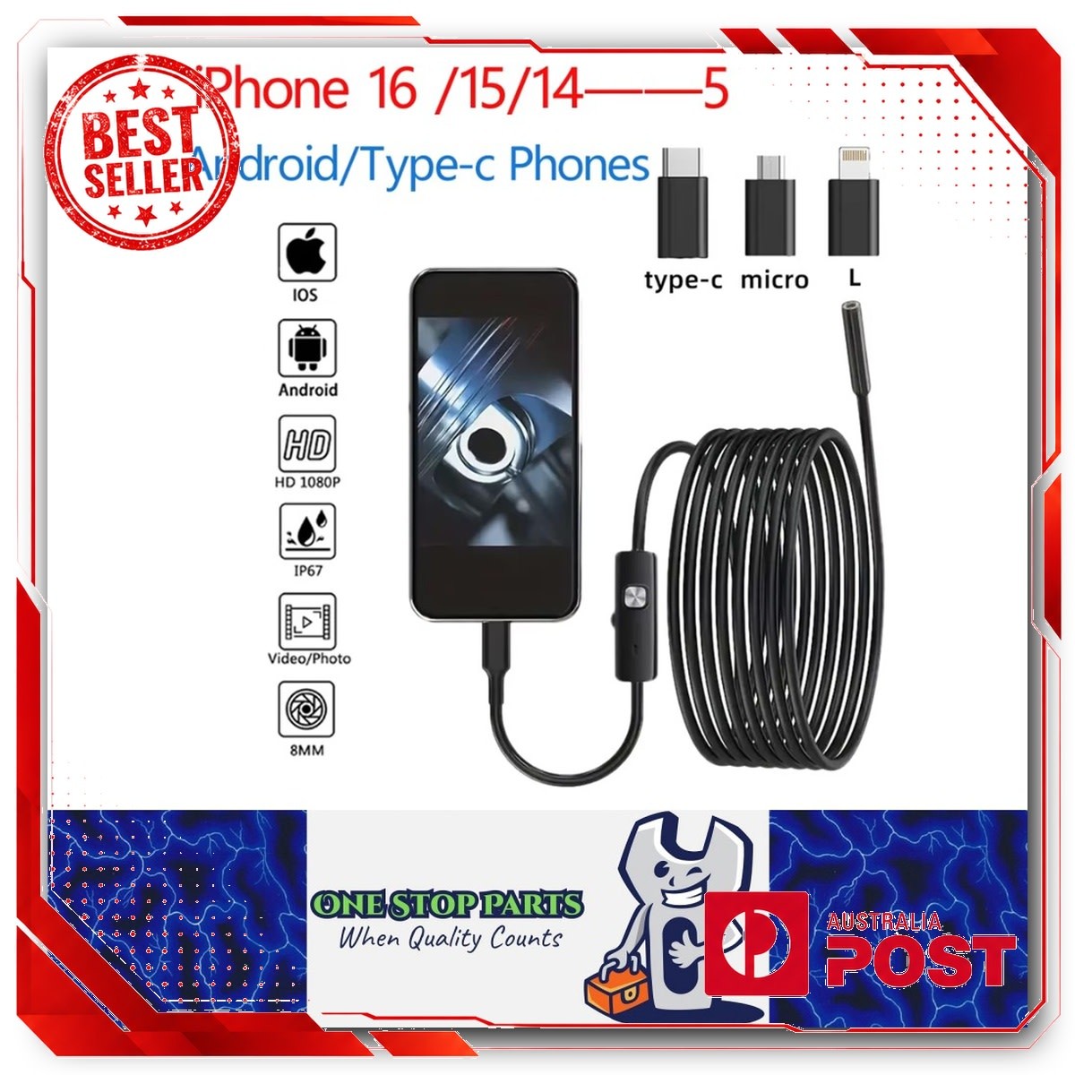 1080P Dual Lens Borescope Endoscope Camera for iPhone Android Car Mechanic Tool