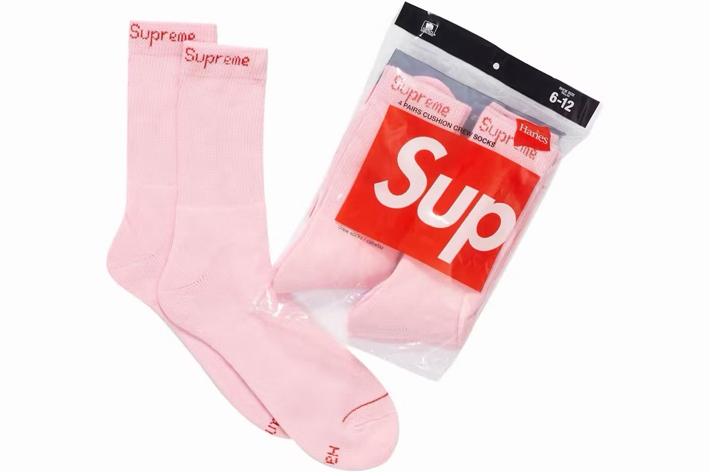 Supreme / Hanes Pink Crew Socks 4-Pack Size 6-12 Fast Free Shipping 🏎️