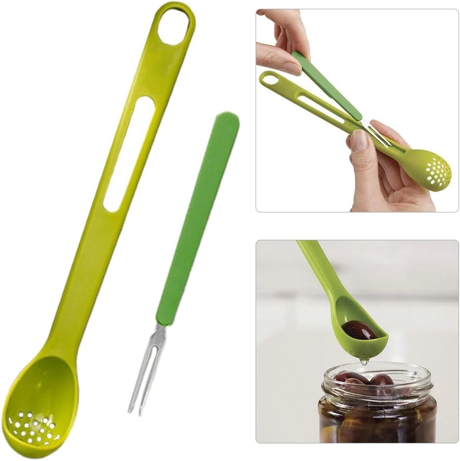 2 In 1 Olive Spoon and Pickle Fork Set Long Handle Jar Grabber Kitchen Tool