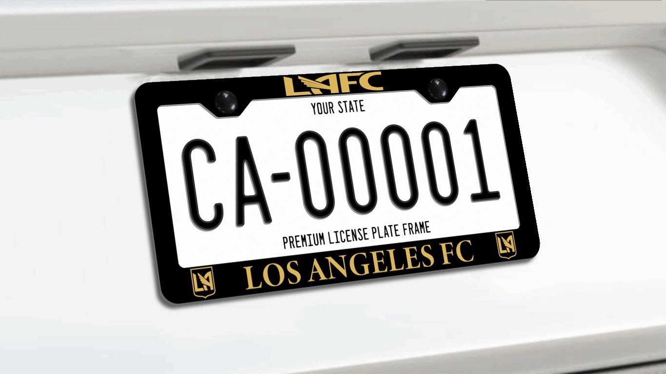 Los Angeles FC Gold Lettes Black Metal License Plate Frame +Screw Caps "LAFC"