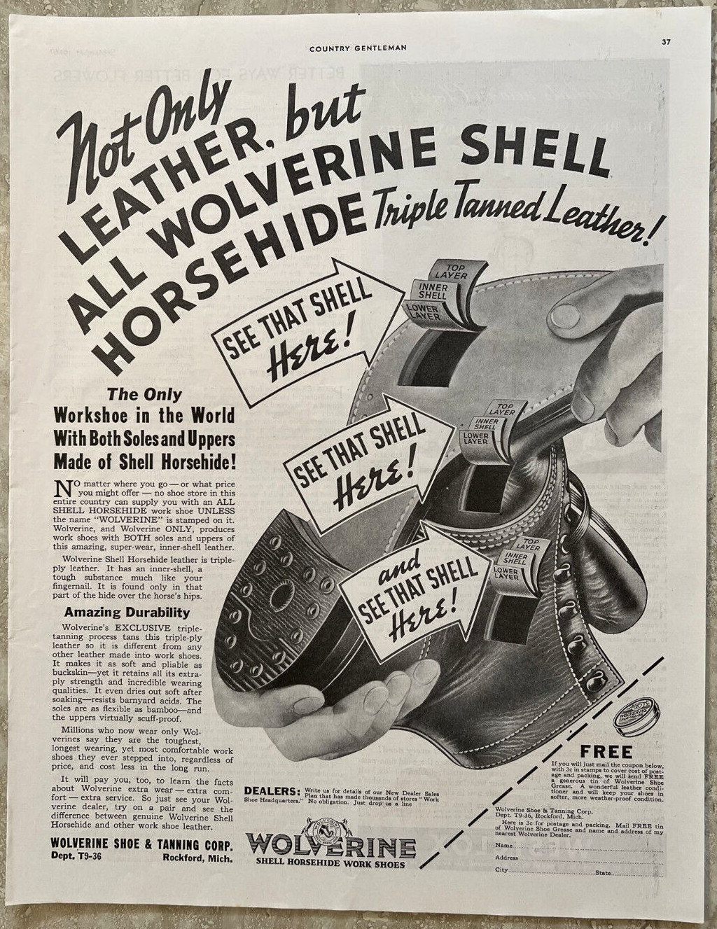 1936 Wolverine Shell Horsehide Work Boots Triple Tanned Leather Vtg Print Ad